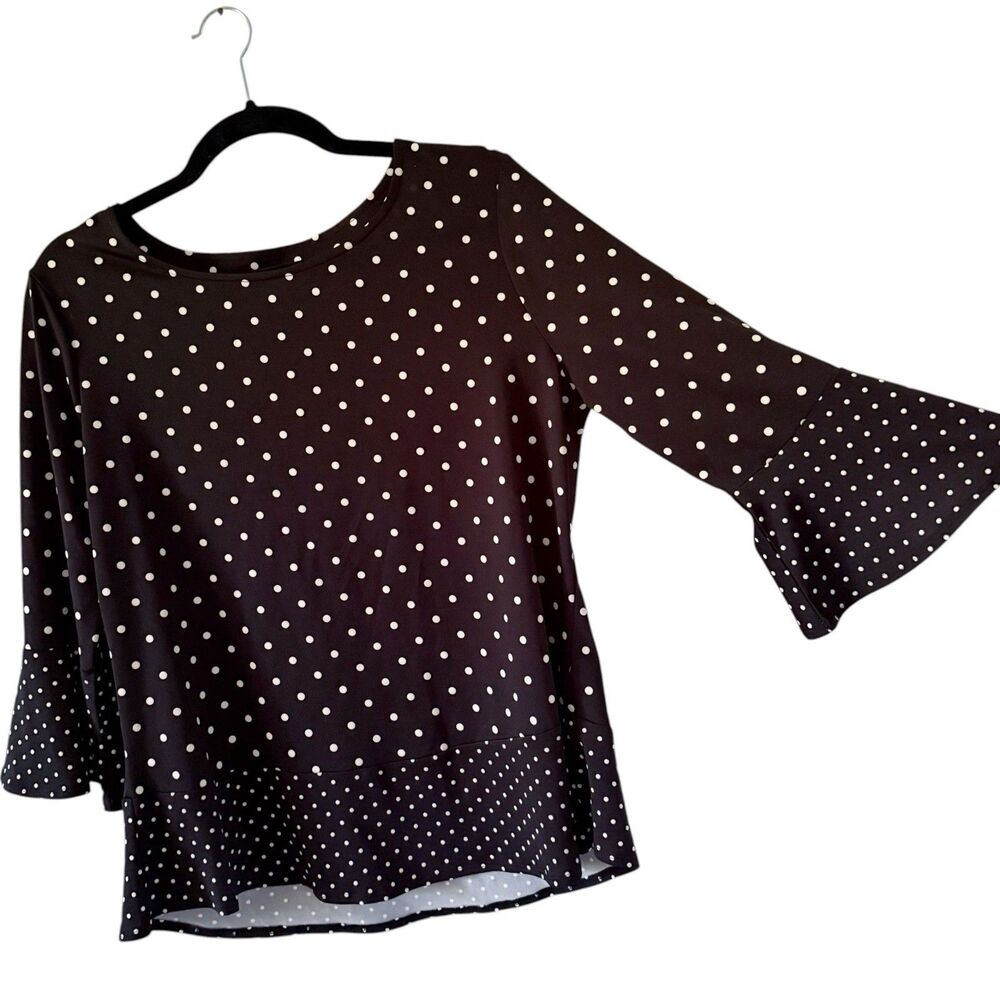Kim Rogers Black White Polka Dot Flare Bell Sleeve 3/4 Sleeve Top Blouse Shirt S